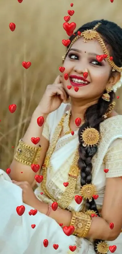 Woman in traditional attire with golden jewelry in a grassy field.