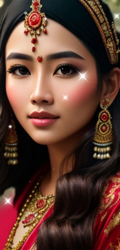 Elegant traditional portrait with jewelry and vibrant attire.