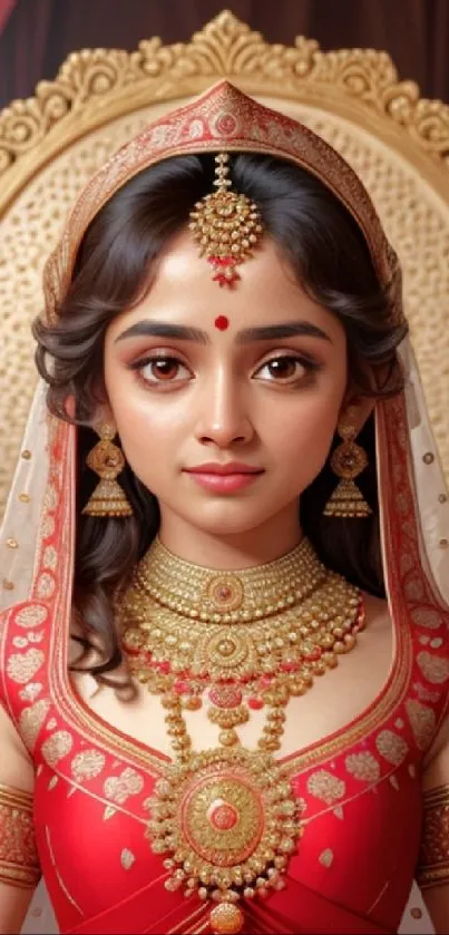 Traditional bridal portrait in red attire with elegant jewelry.