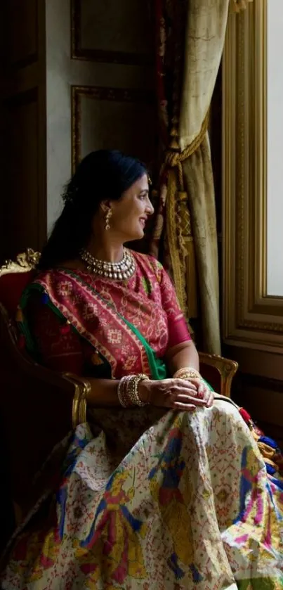 Elegant woman in luxurious traditional attire by the window.