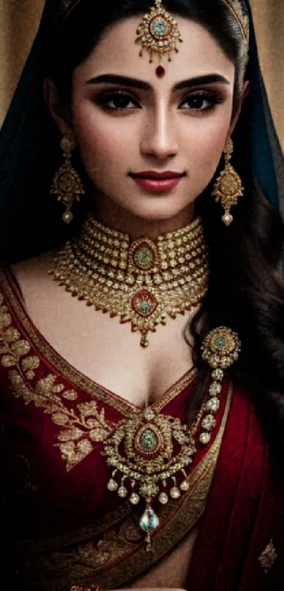 Traditional Indian bridal portrait with rich attire and golden jewelry.