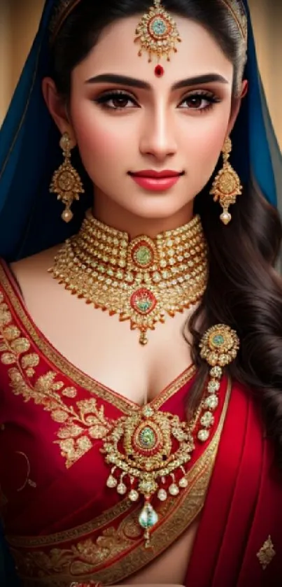 Elegant bride in traditional red attire with gold jewelry.