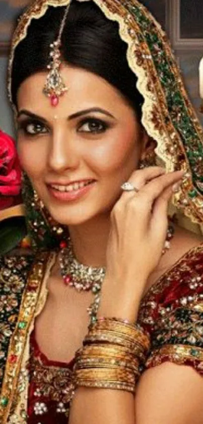 Traditional bride with jewelry and vibrant attire in mobile wallpaper.