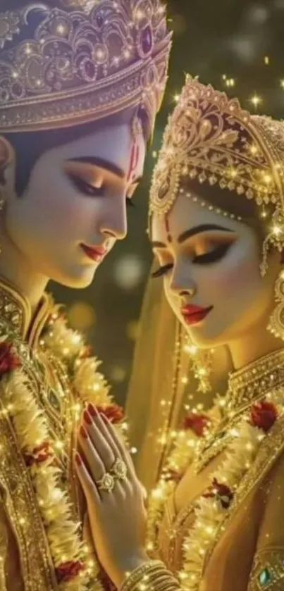 Beautiful golden illustration of a traditional couple.