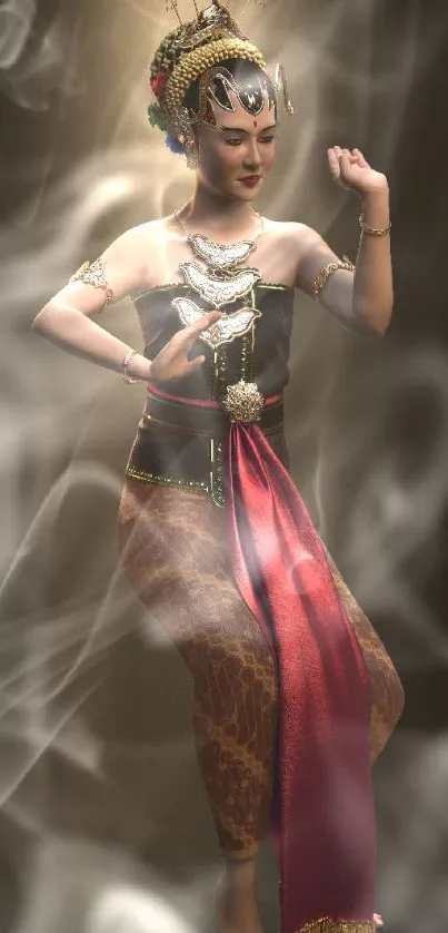 Traditional dancer in an elegant pose with ornate attire and cultural accessories.