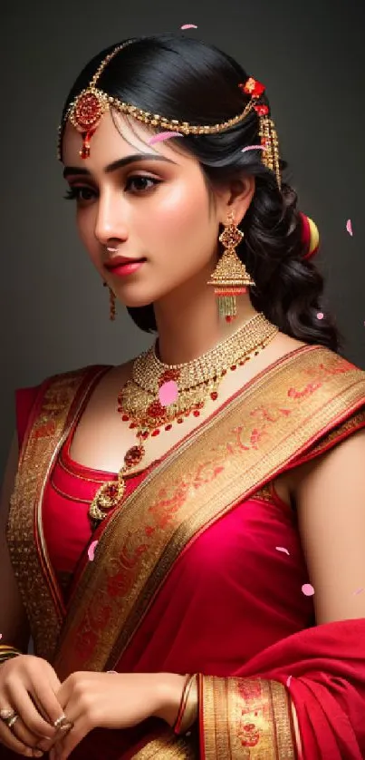 Elegant woman in red traditional attire with gold jewelry.