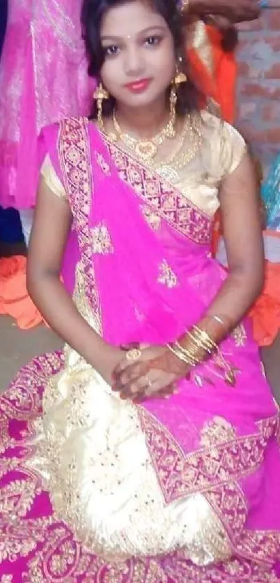 Woman in magenta sari sitting elegantly in a colorful setting.