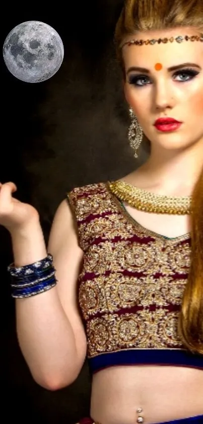 Mobile wallpaper of a woman in traditional attire with moon backdrop.