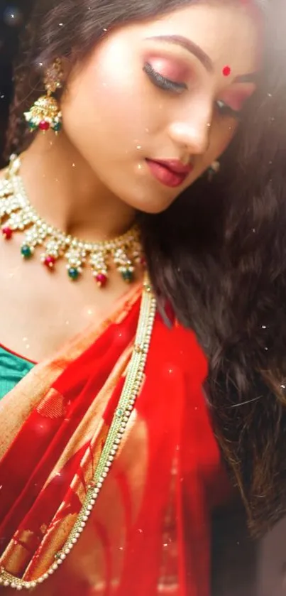 Traditional Indian fashion with red sari and jewelry.