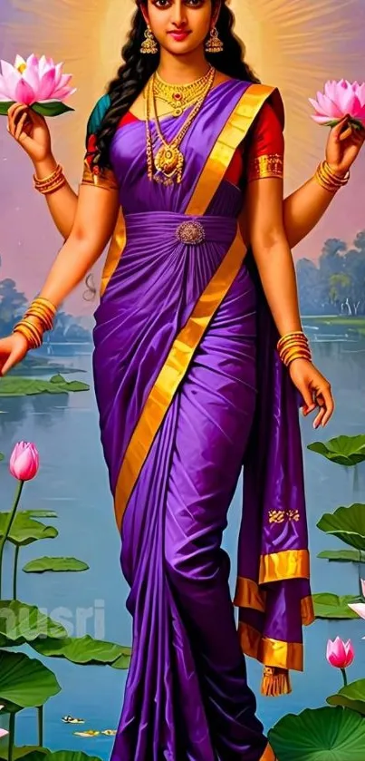 Traditional goddess art in purple sari with lotus flowers.