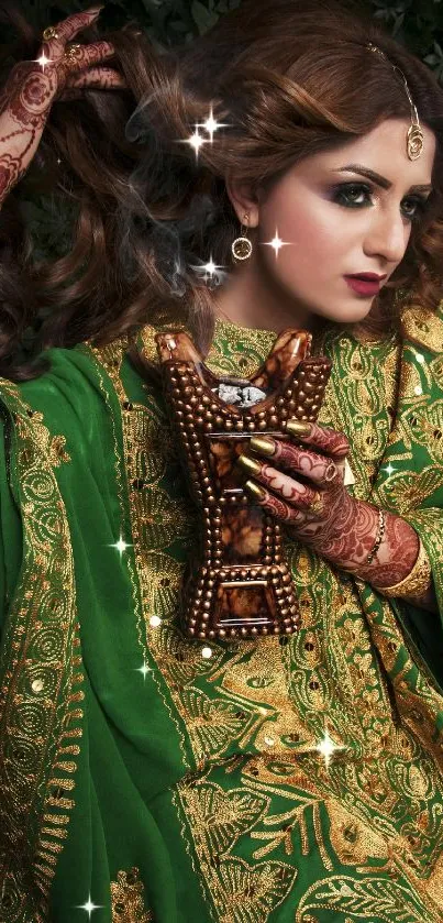 Traditional woman in green and gold attire with henna.