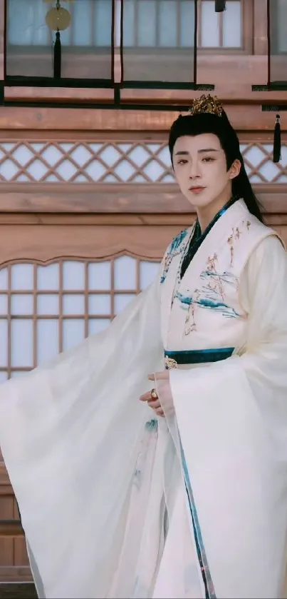 Elegant figure wearing traditional Hanfu in serene setting.