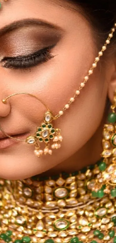 Close-up of elegant gold and emerald traditional jewelry.