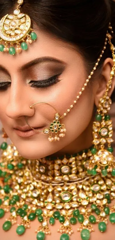 Woman adorned with traditional gold and emerald jewelry, elegant portrait wallpaper.