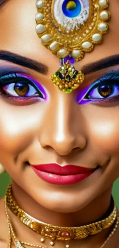 A vibrant artistic portrait with jewelry and colorful makeup on a mobile wallpaper.