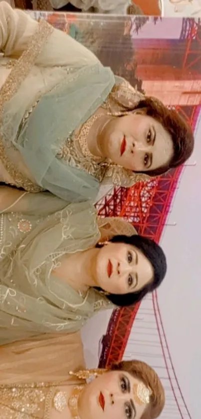 Elegant traditional women with bridge backdrop