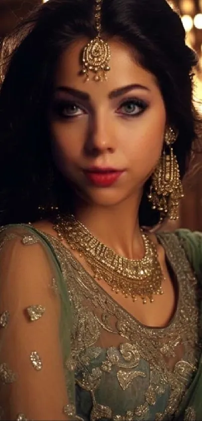 Elegant woman in traditional green attire and jewelry.