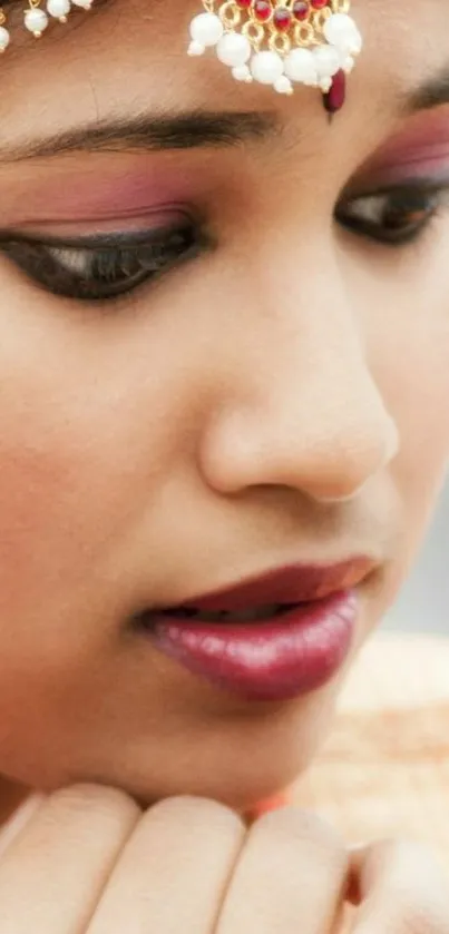 Close-up of a person wearing traditional jewelry, emphasizing elegance.