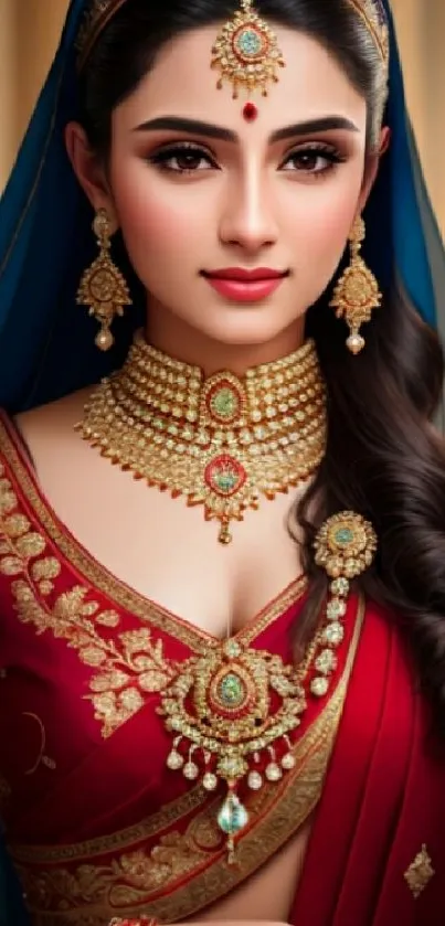 Graceful woman in crimson red traditional attire with exquisite jewelry.