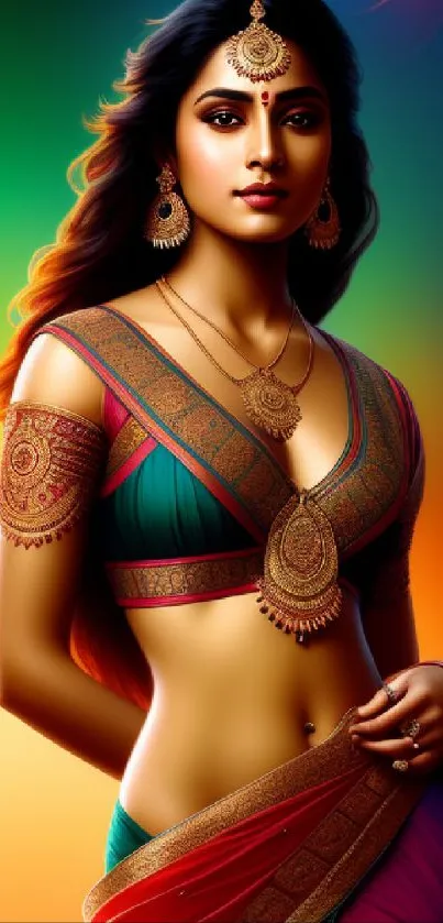 Elegant woman in traditional attire with vibrant background.