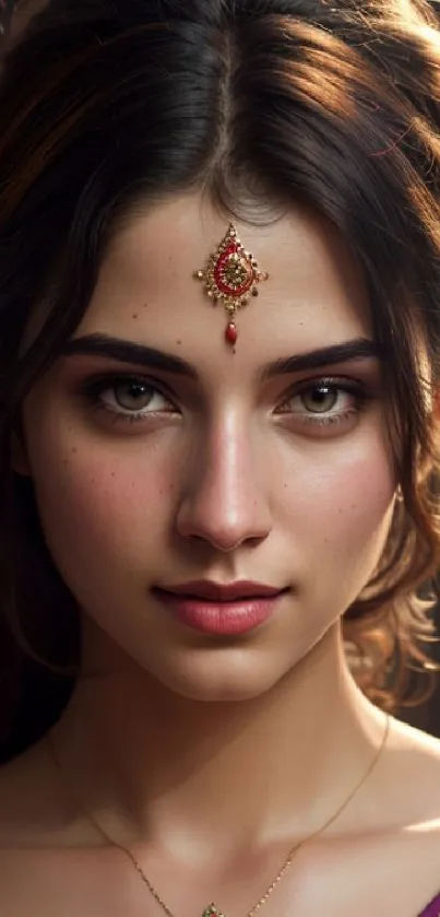Elegant portrait with intricate jewelry and warm lighting in a traditional style.