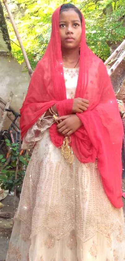 Young woman in traditional attire stands with greenery and rustic backdrop.