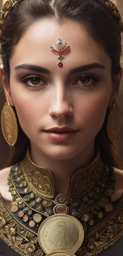 Elegant portrait of woman with gold jewelry.