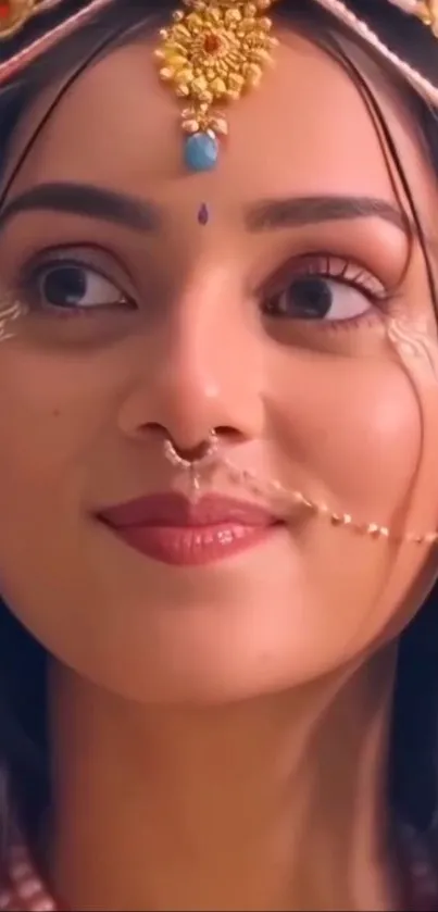 Close-up portrait of a person with traditional attire and jewelry.
