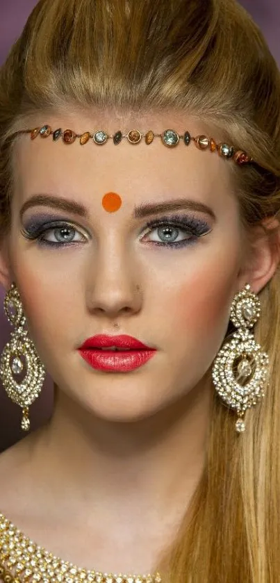 Woman in traditional attire with jewelry and makeup.