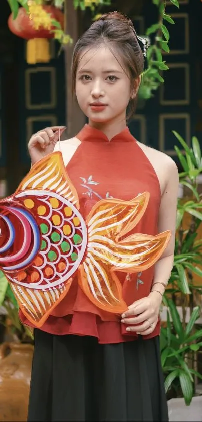 Elegant Asian woman in red dress with colorful fish decoration.