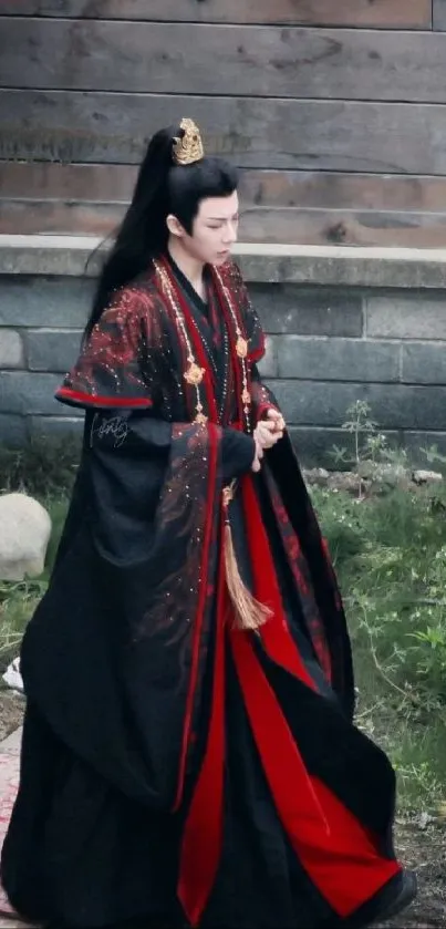 Person in ornate, traditional robe with cultural elegance.