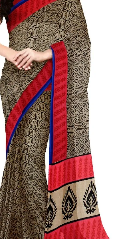 Elegant saree wallpaper with red and black accents on beige background.