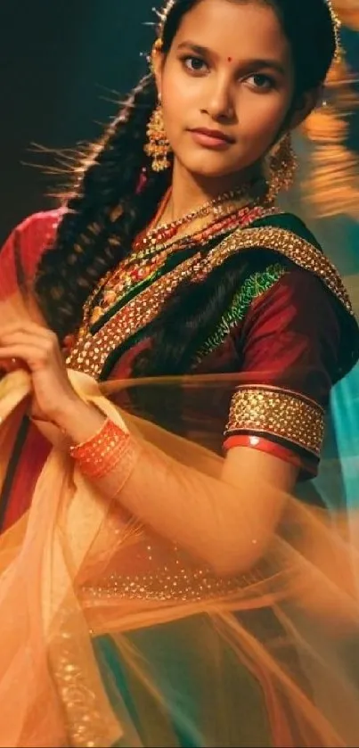 A woman wearing a vibrant traditional saree with elegant accessories.