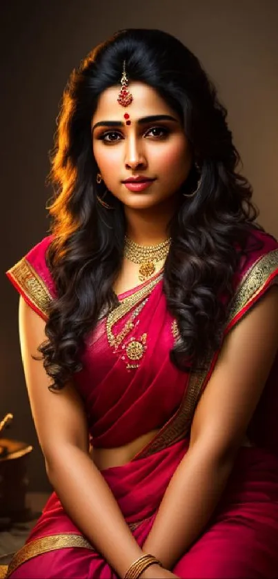 Woman in a crimson saree with elegant jewelry, illuminated by soft ambient lighting.