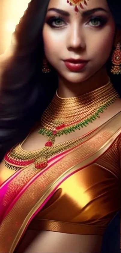 Woman in a vibrant traditional saree with gold jewelry and intricate details.