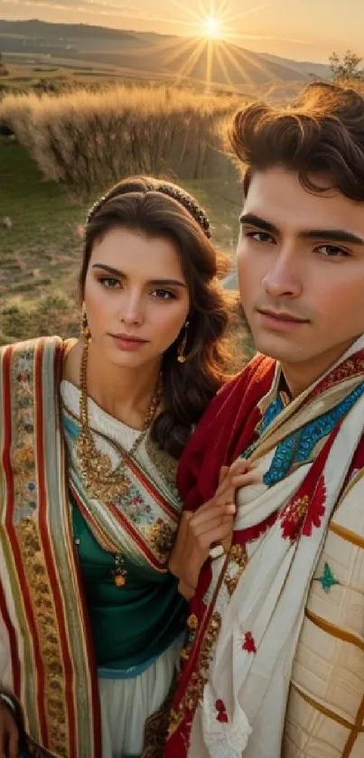 Elegant couple in traditional attire at sunset with nature backdrop.