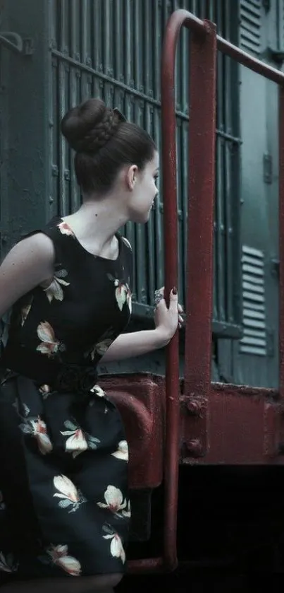 Woman in elegant dress on vintage train mobile wallpaper.