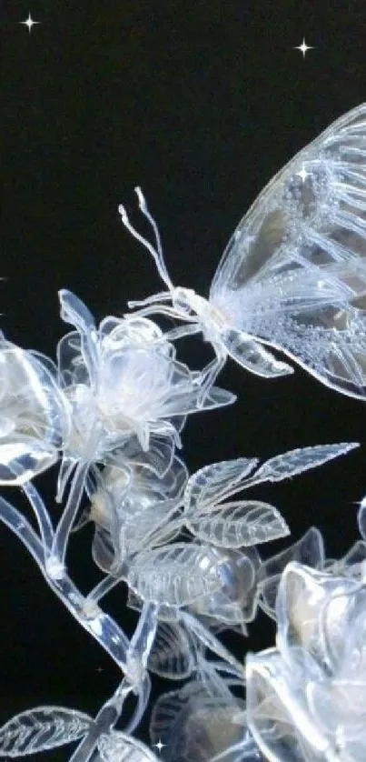 Transparent butterfly art with delicate flowers on a black backdrop.