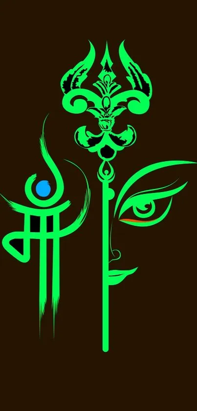 Tribal inspired artwork with green designs on a dark brown background.