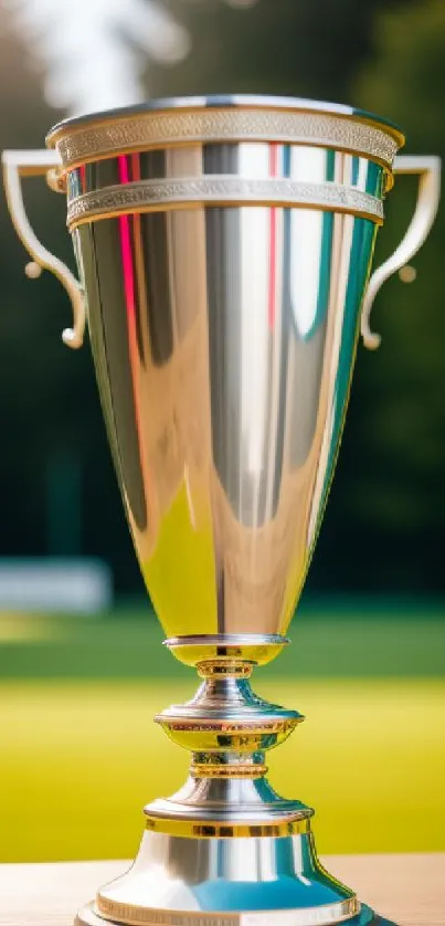 Silver trophy in sunlit field, symbolizing elegance and victory.