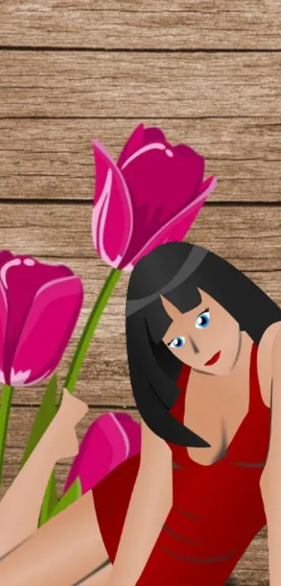 Digital art of a woman with magenta tulips on a wooden background.