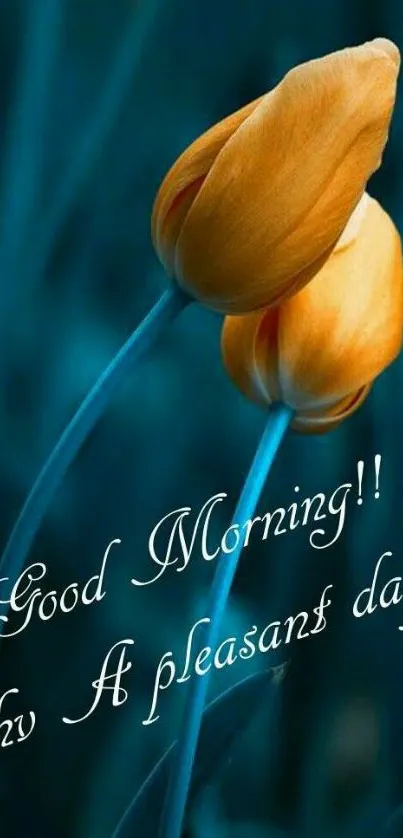 Orange tulips with 'Good Morning' text on teal background.