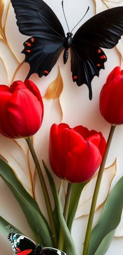 Red tulips and black butterfly on decorative wallpaper.