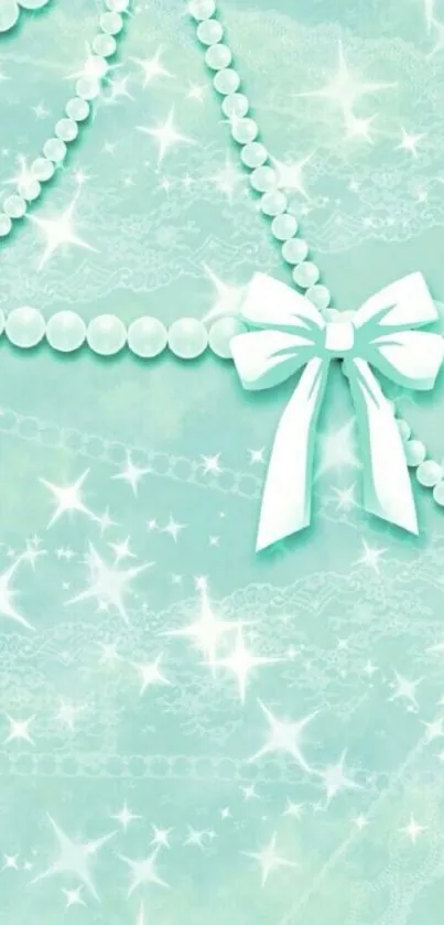 Turquoise wallpaper with bow and pearls