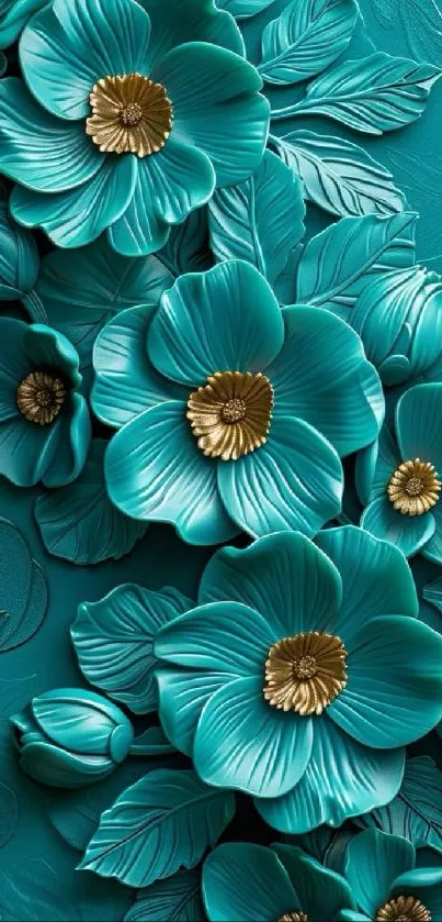 Intricate turquoise floral wallpaper design.