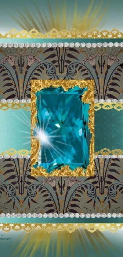 Elegant mobile wallpaper with turquoise gem and Art Deco patterns.