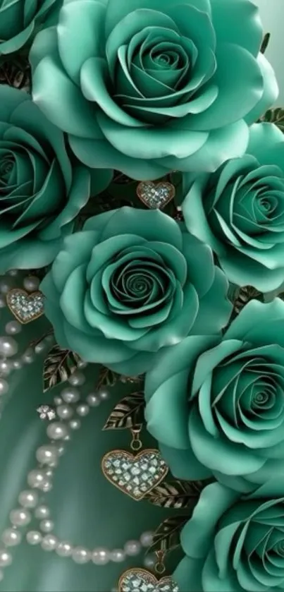 Turquoise roses with pearls and hearts wallpaper.