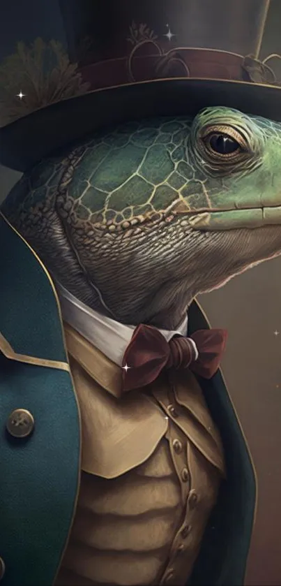 A turtle in Victorian attire with a top hat, exuding elegance.