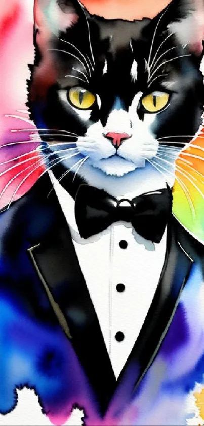 Elegant tuxedo cat with vibrant splash art on mobile wallpaper.