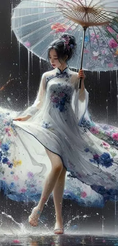 Graceful woman with parasol and floral dress mobile wallpaper.